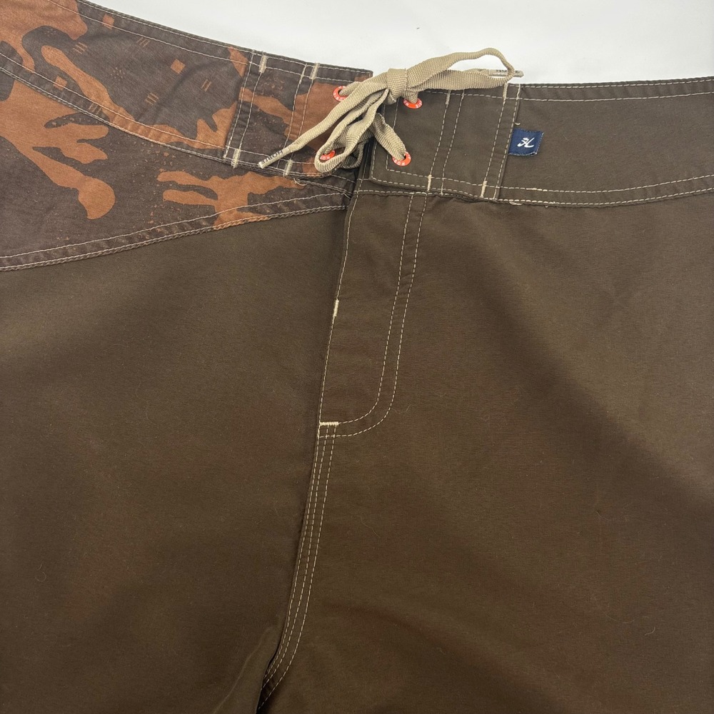 Hobie‎ Mens Board Shorts 36 Olive/Brown Camo Accents Lace Up Cargo Pocket Beach
